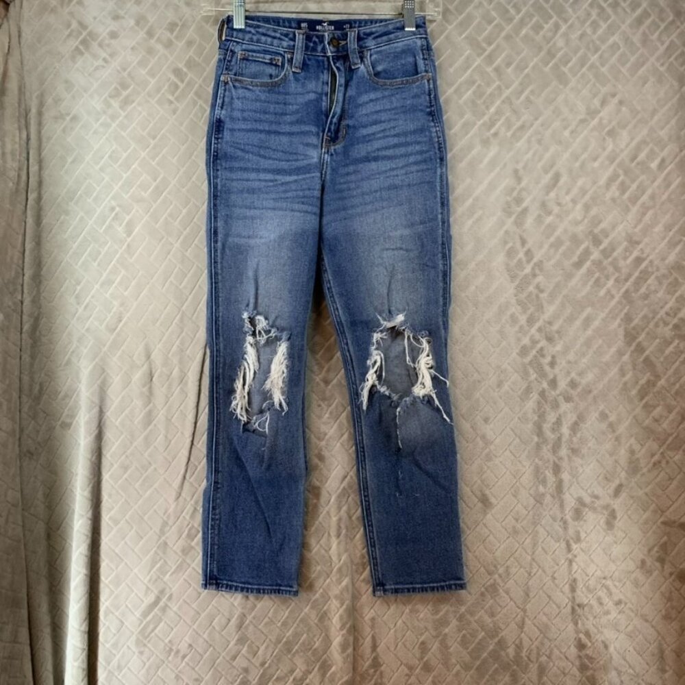 Holister Womens 00S Denim Jeans Blue Ultra High-Rise Mom Busted Knees Fray